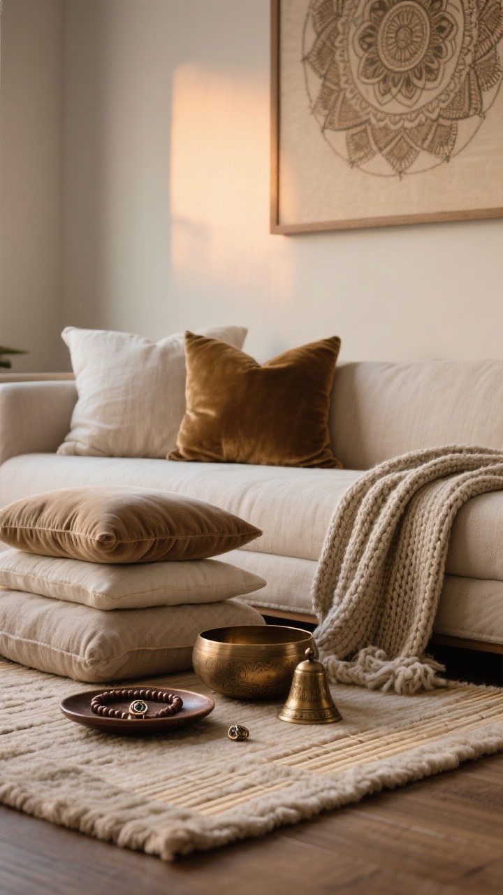 A closeup detail of layered meaning: a plush, neutral rug with a tatami-style edge under layered cushions in velvet, linen, and cotton; a weighted knit throw draped casually; nearby, a small brass bell and a Tibetan bowl sit next to a dish holding a mala and heirloom ring; the wall above hints at a framed mandala in a calm palette; warm, diffused evening light enhances tactile textures and intimacy.