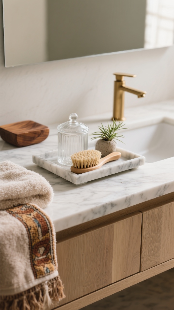 A detailed closeup of layered textures on a vanity vignette: a small marble tray holding a glass canister, a natural bristle brush, and a tiny plant; plush Turkish towel edge visible, warm teak accessory and cool stone surface providing contrast, with brushed brass faucet adding a gentle shine; tight palette in warm whites, pale woods, and misty grays, captured with soft side lighting to emphasize tactile materials