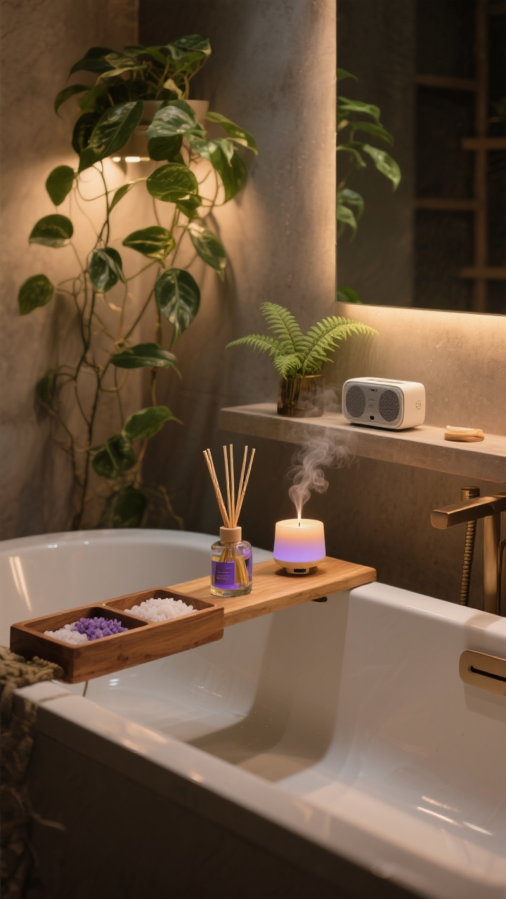 A medium bath scene focused on aromatherapy and sound: a soaking tub with a wooden caddy holding bath salts, a candle, and a reed diffuser; a small essential oil diffuser emitting gentle mist (lavender/eucalyptus/bergamot), a compact waterproof speaker tucked on a shelf, and low-light greenery (pothos and a small fern) softening the space; warm, dim ambient lighting suggesting a tranquil, multi-sensory spa mood