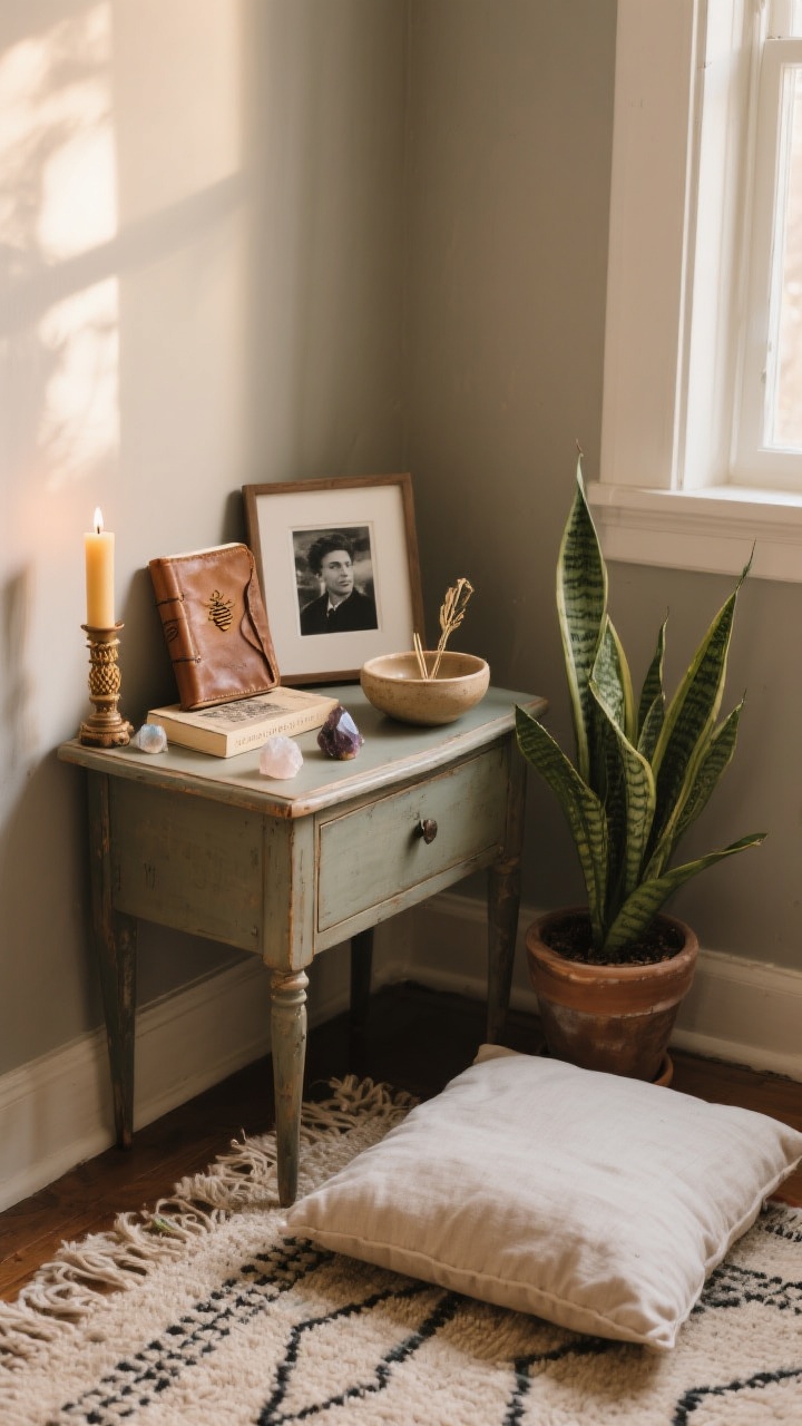 A medium corner shot of a sacred corner setup: a small vintage nightstand used as an altar table against a matte neutral wall, styled with a beeswax candle, a worn leather journal, a favorite paperback, a few tumbled crystals, a framed black-and-white photo, and a shallow ceramic bowl for intentions; a potted snake plant adds a natural element, and a soft handwoven rug with a linen floor cushion defines the space; warm late-afternoon natural light filters in from an unseen window, creating a calm, personal vibe.