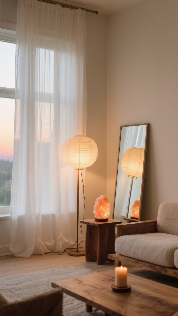 A medium living room vignette demonstrating layered lighting: sheer white curtains glowing with daylight, a mirror leaning to bounce light, a paper lantern casting a warm 2700K ambient glow, a dimmable floor lamp tucked low in the corner for a sunset-like effect, a small salt lamp on a side table, and a single sandalwood candle; neutral walls, natural wood furniture, cozy textures; mood is warm, meditative, and exhale-inducing.
