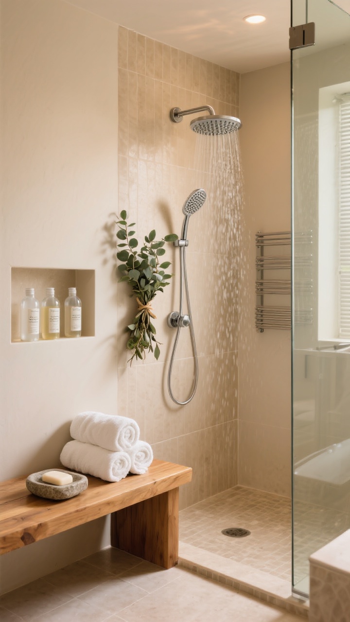A medium shower vignette with steam-free spa vibes: a multi-function rainfall showerhead, a teak shower bench holding rolled white towels and a stone soap dish, a fresh eucalyptus bundle tied near the showerhead, and clear matching-labeled bottles for shampoo/conditioner/body wash on a built-in niche; include a wall-mounted heated towel rack just outside the glass, warm neutral tile, and soft, warm lighting for a resort-like atmosphere