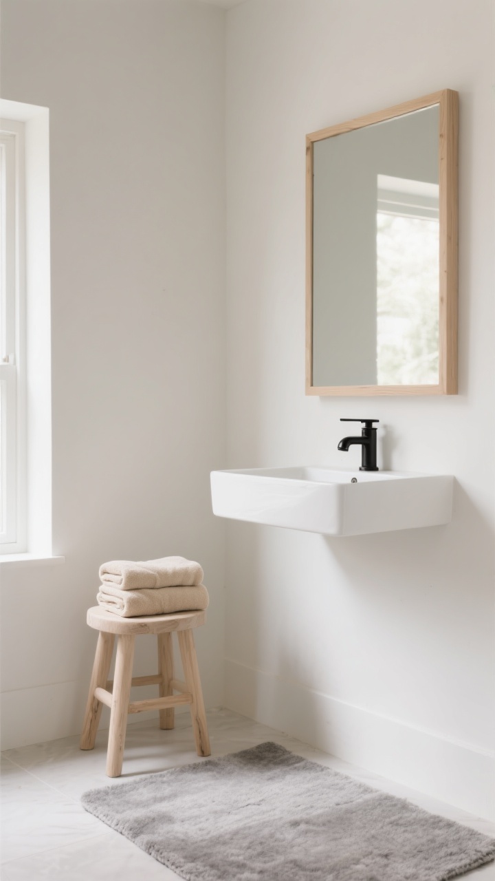 A medium, straight-on shot of a serene bathroom corner showcasing a curated calm palette: warm white walls in a soft greige tone, sandy beige towels folded on a pale wood stool, a misty gray rug underfoot, and a matte black faucet over a simple white sink for thoughtful contrast; include a pale wood-framed mirror repeating the main shade, neutral textiles (white + oatmeal + pale wood), and soft natural morning light for a soothing, cohesive look