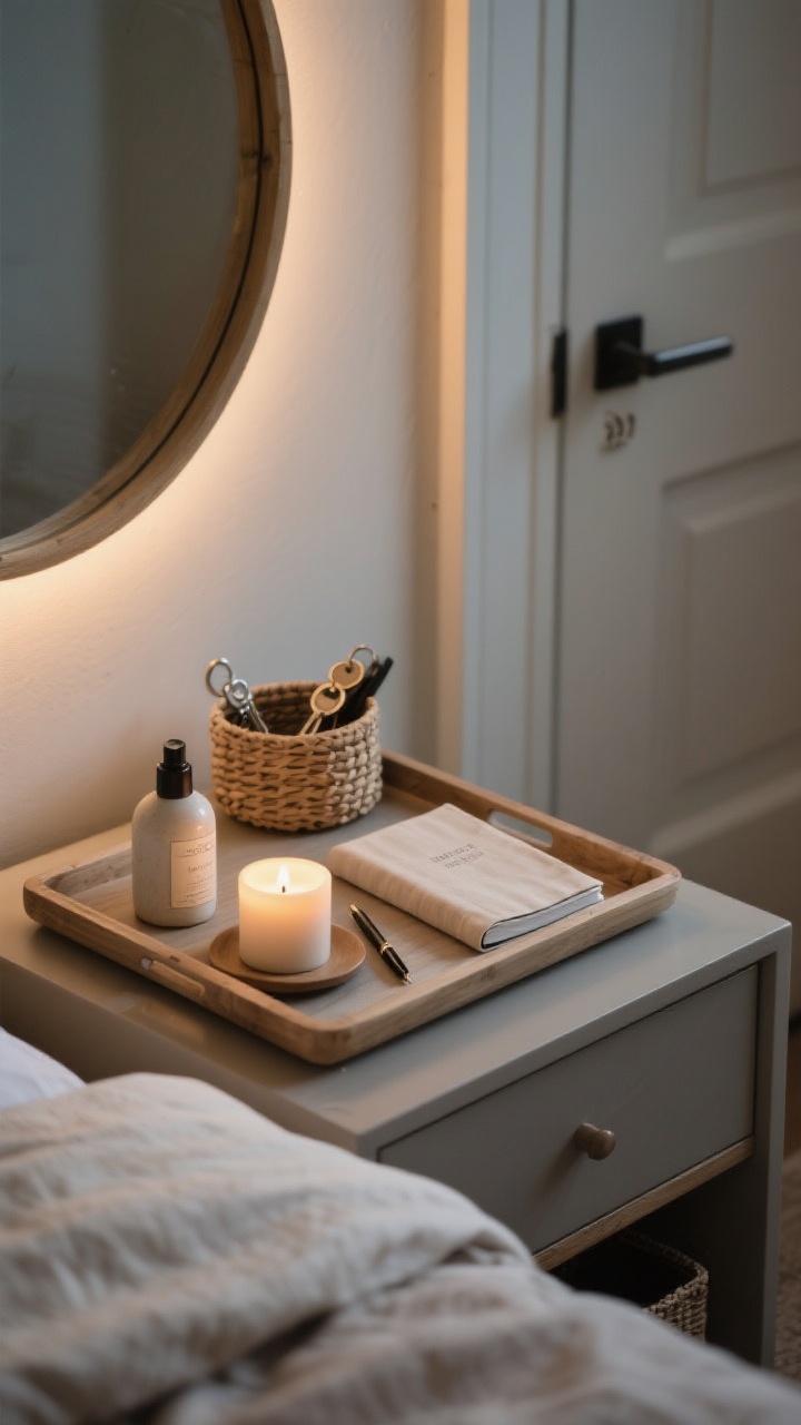 A tight, styled tray detail illustrating micro-rituals: an evening reset tray on a nightstand holding a candle, a small calming mist bottle, a linen-bound journal and pen; nearby, a ceramic catchall for keys and a woven basket by the door hint at organized thresholds; soft, dimmed 2700K light and a hint of linen bedding in frame; mood is tranquil and intentional, ready for a night routine.