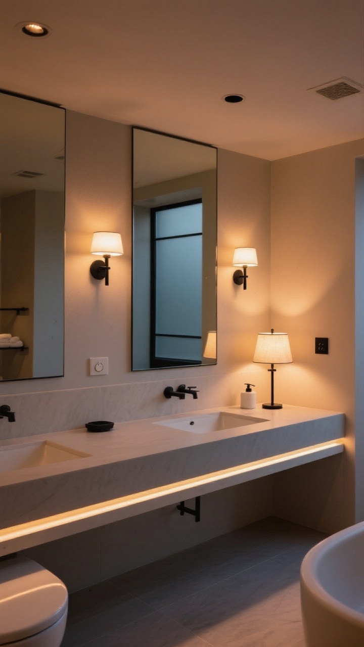 A wide bathroom vanity scene lit like a spa at dusk: dimmed 2700K warm light with face-height twin sconces flanking a mirror for flattering task lighting, a small shaded lamp on the vanity casting ambient glow, and a subtle LED strip under the floating vanity as accent lighting; include a dimmer switch visible on the wall, matte black hardware, and calm, neutral finishes, photographed from a slight corner angle to show layered lighting without harsh overhead glare