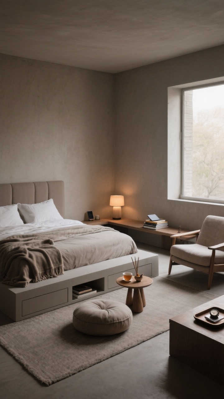 A wide bedroom layout designed for rituals: a bed with headboard against a solid wall, minimal under-bed storage, and matte neutral walls; a meditation zone near a window with a floor cushion, throw, and a petite side table holding incense and a cup of tea; a reading nook with a cozy chair, warm lamp, and a tiny stack of books—no laptop in sight; a tray on a console for phone and watch outside the sacred zone; lighting dim and layered for evening.