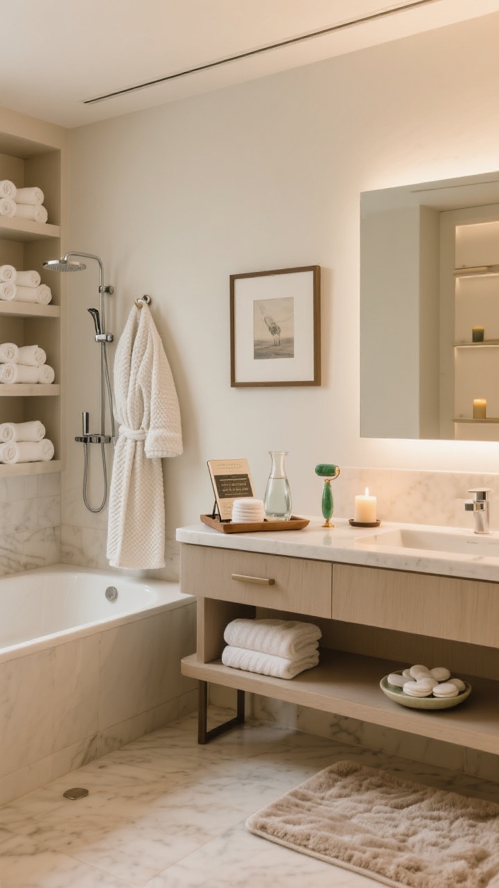 A wide, five-star ritual-ready bathroom view: open shelving with hotel-style rolled white towels, a robe hook with a plush waffle robe beside the shower, and a tub tray set with a book stand, water carafe, face cloth, and a small candle; a face-care station on the vanity with a chilled jade roller, mist, and reusable cotton rounds in a pretty dish; balanced styling with one framed print and one candle on each side of the vanity, plus a plush memory-foam mat on the floor, photographed straight-on in soft, warm light