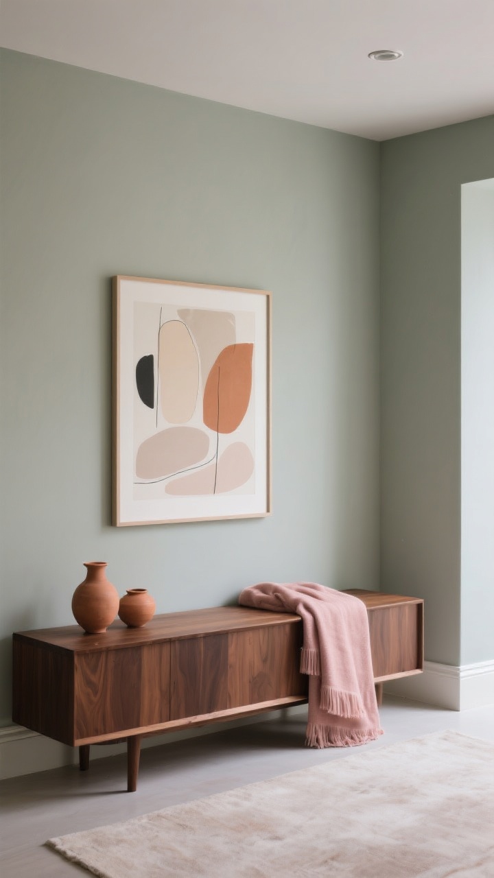 A wide wall-focused scene showcasing a calming color palette: matte sage walls with foggy grey and muted terracotta accents, espresso wood tones in a low console, and dusty rose textiles; include a framed abstract print in soft neutrals and clay tones, a blush throw, and clay-colored ceramics on the console; lighting is soft and even, emphasizing matte finishes and a serene mood; no gloss except a subtle satin sheen on trim.