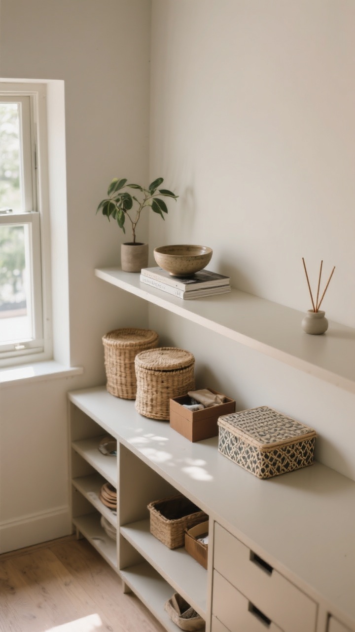 An overhead detail shot of a decluttering ritual in progress: a single shelf cleared and selectively curated with a ceramic bowl, one meaningful book, and a small plant; beside it, lidded baskets and a decorative box corral remaining items; a nearby dresser top is 70% empty, showing visual calm; an open window, a lit stick of incense in a minimal holder, and light streaming in suggest an energy reset; palette is neutral with natural materials.