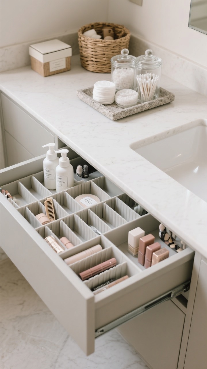 An overhead detail shot of minimalist organization: a vanity drawer with expandable dividers neatly separating makeup and grooming tools, subtle labels, and matching pump bottles; on the counter, a stone tray corrals daily skincare, while cotton rounds, bath salts, and Q-tips are decanted into clear glass canisters; nearby baskets and a lidded box hint at hidden backstock, all in a calm neutral palette