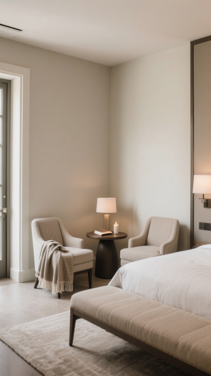 Corner medium shot of a “sitting moment” separate from the bed: a pair of upholstered accent chairs and a small round side table forming a reading nook, with a casual throw draped over one chair and a small lamp or candle on the table. If space feels modest, include a cushioned bench at the foot of the bed instead of two chairs. Neutral, hotel-like palette; soft, inviting lighting; tidy yet lived-in styling. Angle from the doorway corner to show intention and comfort.