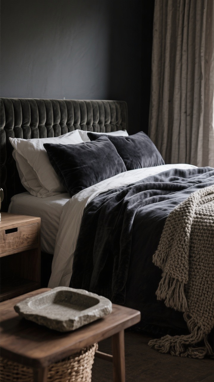 Detail closeup: A tactile stack on a bed against dark walls—linen duvet in deep charcoal, a velvet or chenille throw draped loosely, and a chunky knit blanket at the foot. Include the corner of a channel-tufted velvet headboard and the edge of heavy lined linen curtains. In the foreground, a small stone tray on a wooden nightstand beside a woven basket. Soft, diffused lighting to highlight textures and fibers; every surface invites touch.