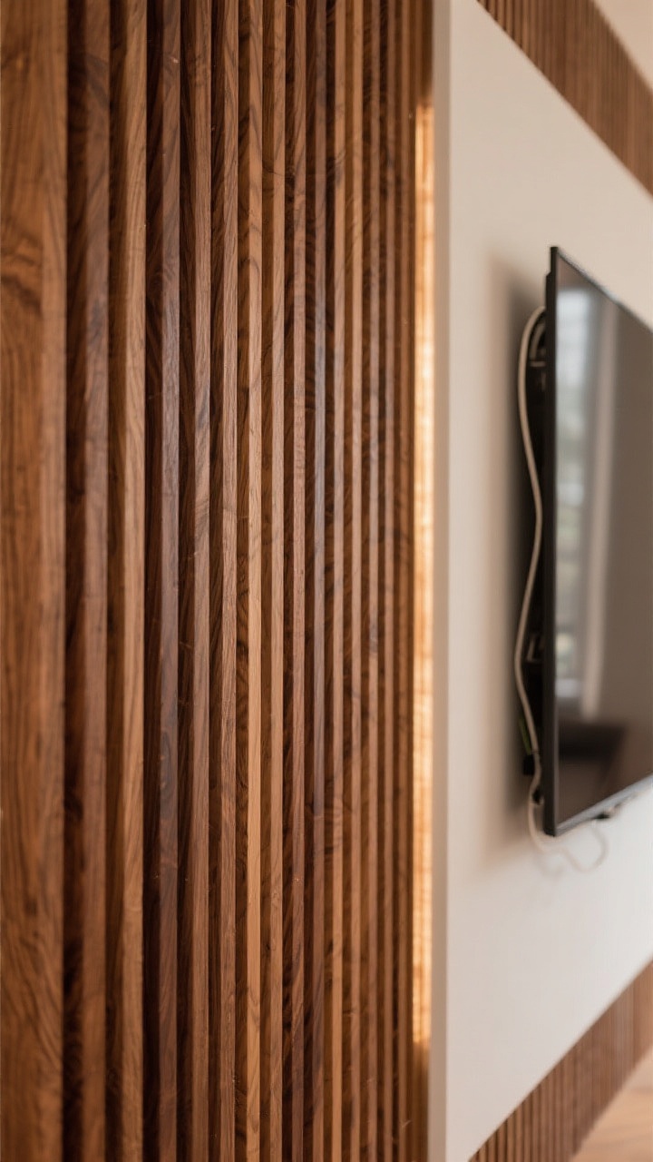 Detail closeup: A vertical wood slat TV wall in warm walnut with 1x2 spacing, matte-sealed to avoid glare, showing the visual rhythm and subtle sound diffusion; the TV is mounted on a painted backer board that peeks behind the screen; clean wiring hidden within the slats; soft side lighting to emphasize texture; photorealistic, tight crop on the slats and screen edge.