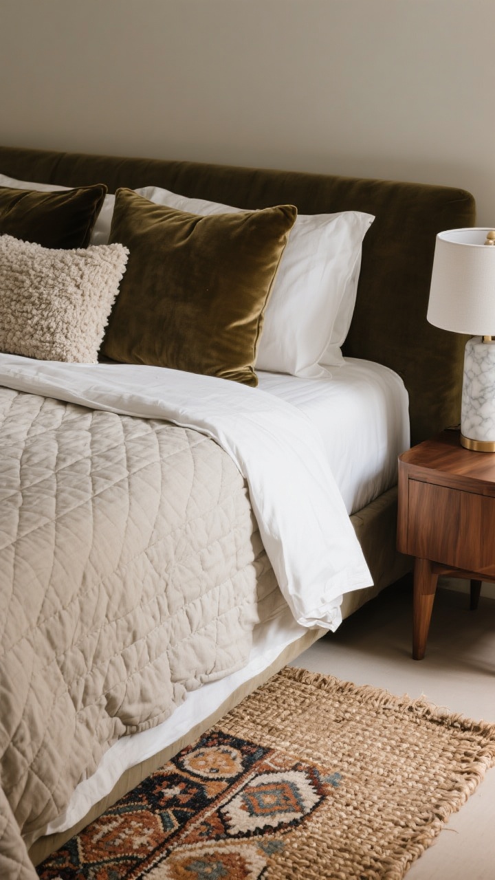 Detail closeup: An artful layer of textures on a made bed—linen duvet, crisp cotton percale sheets peeking at the edge, a quilted coverlet folded halfway down, and a pair of boucle throw pillows resting against a velvet lumbar. In the frame’s edge, a wood nightstand holds a marble-base lamp, while the foot of the bed reveals a woven jute rug layered with a smaller patterned kilim. Soft, indirect daylight emphasizes the contrasting matte and plush materials.