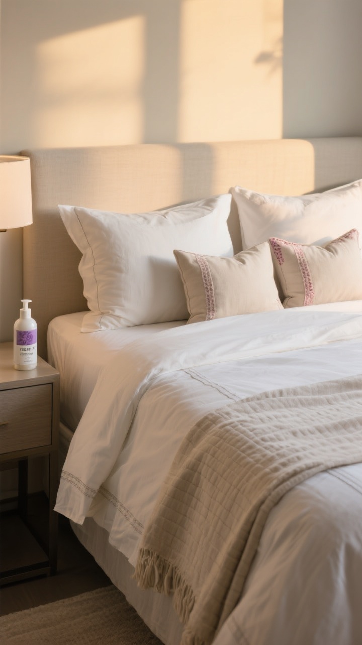 Detail closeup, bed at golden hour: focus on upgraded bedding. Long-staple cotton or linen sheets with visible fine weave, a smooth duvet, and a lightweight quilt layered for seasonality. Pillow strategy visible at the head: two sleeping pillows, two Euro pillows for support, and two decorative pillows in a neutral base with flirty accent shams or a small throw. A subtle linen spray bottle (lavender/rose/cedar labeled) on the nightstand in soft focus. Crisp yet inviting, hotel-level bliss, photorealistic.