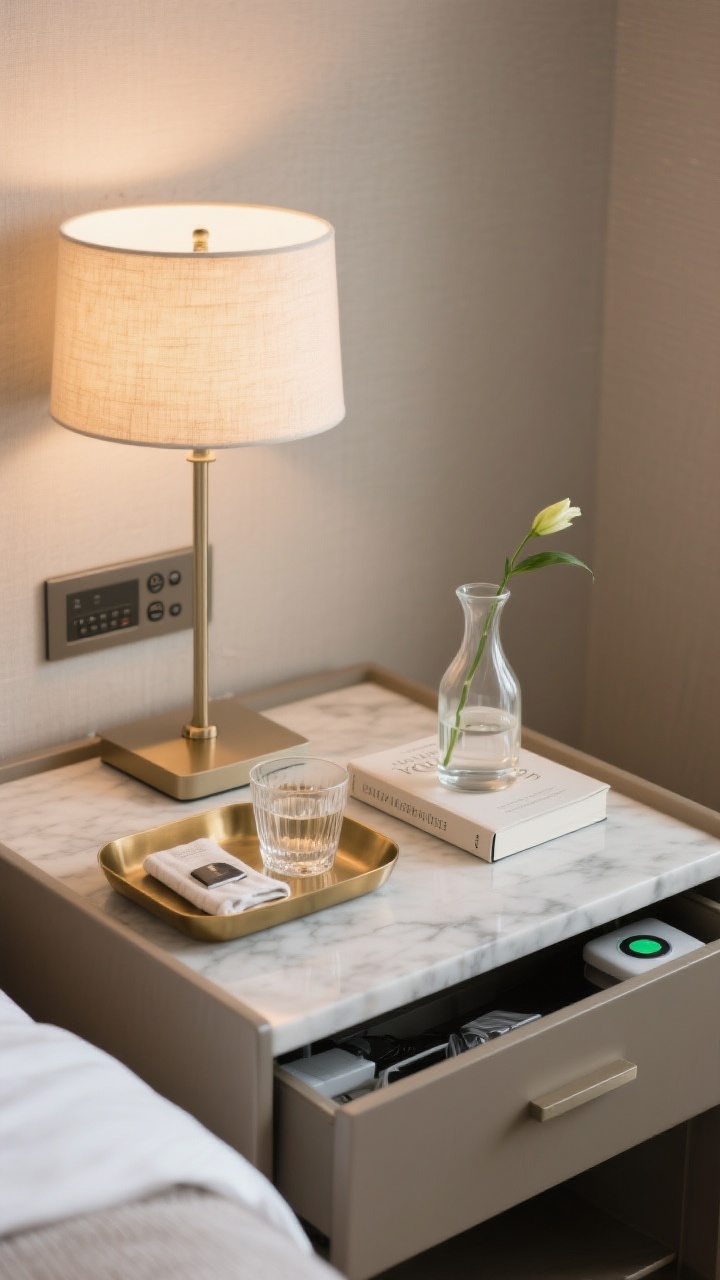 Detail closeup of a curated nightstand styled like a hotel mini command center: a warm bedside lamp, a slim marble or brass catchall tray holding essentials, a clear glass carafe with matching tumbler on a tiny linen coaster, a single hardback book, and a minimalist bud vase with one fresh stem. Include a nightstand with a drawer slightly closed (implying hidden clutter) and a discreet wireless charging pad. Neutral palette, calm mood, soft side lighting.