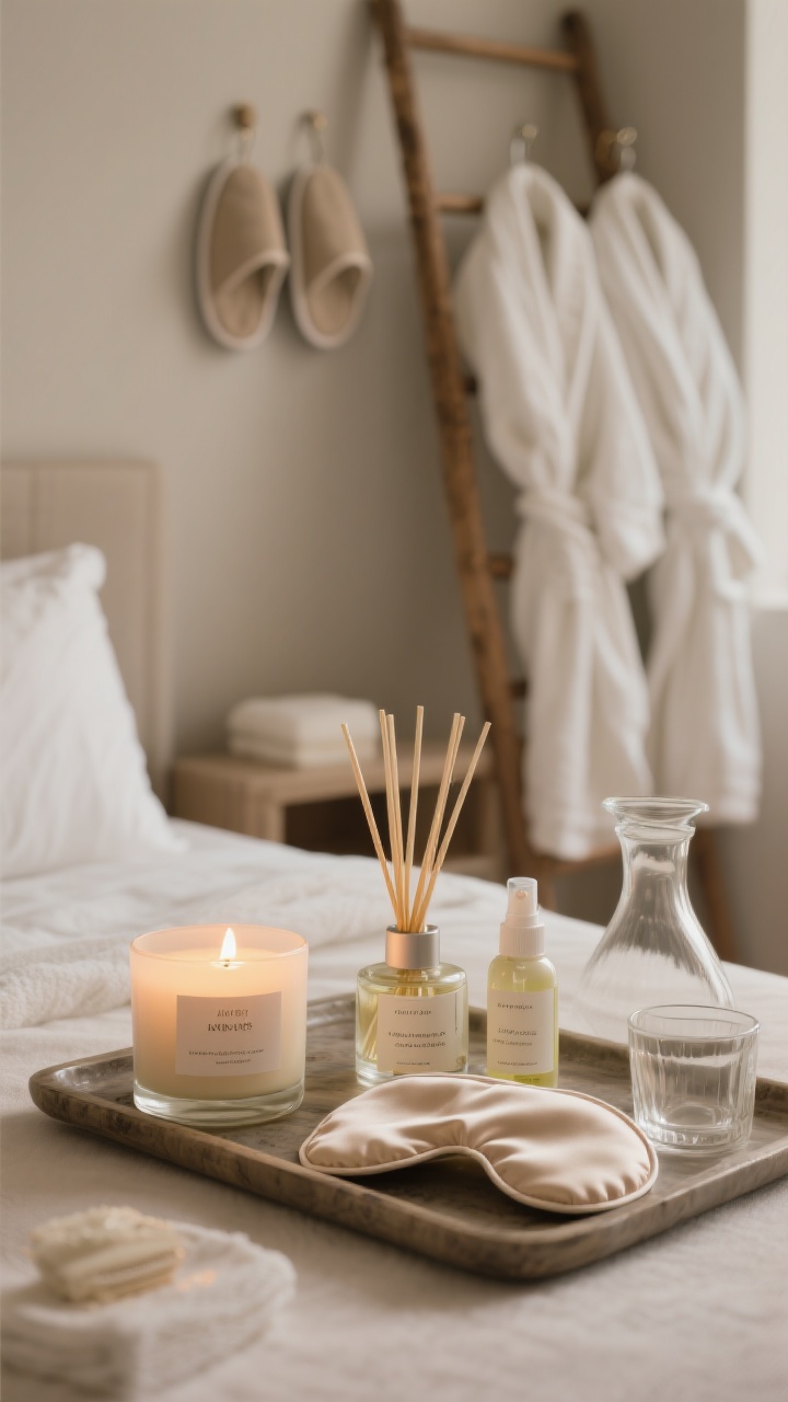 Detail closeup of spa-level touches and a signature scent vignette on a tray: a softly glowing candle, a slim reed diffuser, and a room spray labeled with notes like airy linen, soft woods, or herbal citrus. Add a small collection of pampering essentials—hand cream, linen spray, a folded silk eye mask—plus a glass carafe and tumbler nearby. Include plush white robes and slippers visible on a hook or leaning ladder in the background, slightly out of focus. Warm, subtle lighting, serene mood.