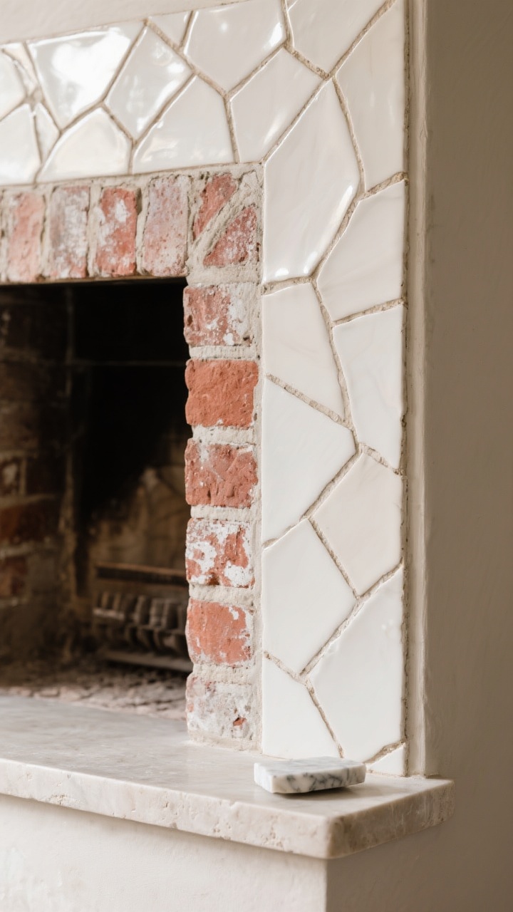Detail closeup of the fireplace surround highlighting texture upgrades: a section of hand-cut zellige tile in warm white showing organic shine and variation, adjacent to a contrasting panel of limewashed brick with softened red tones and chalky depth; show grout lines, edge transitions, and realistic sheen differences; include a small marble sample resting on the mantel edge to suggest alternative; neutral palette with tactile emphasis; controlled studio-like lighting to reveal surface texture.