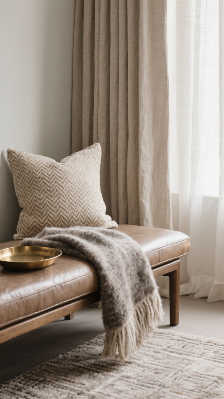 Detail closeup: Texture-forward vignette focusing on better layers—nubby linen pillow, heathered wool throw, smooth leather bench cushion, and brushed brass tray; background hints of floor-to-ceiling linen curtains hung high and wide; a plush solid-toned rug visible below; minimal patterns present as a subtle herringbone on a cushion; soft side lighting emphasizing fabric weaves and tactile finishes.