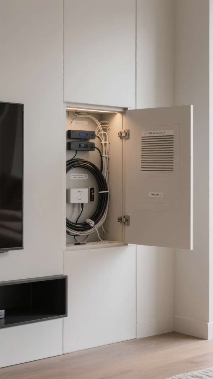 Detail shot: A minimal media setup with hidden tech—an in-wall wire chase and an in-wall power kit to code; devices stashed in a closed cabinet with a small vented panel for airflow; a labeled cable bundle and a small IR repeater/sync box visible just inside the cabinet; clean, quiet surfaces and no visible cords; even, soft task lighting inside the cabinet; photorealistic, close-in angle.