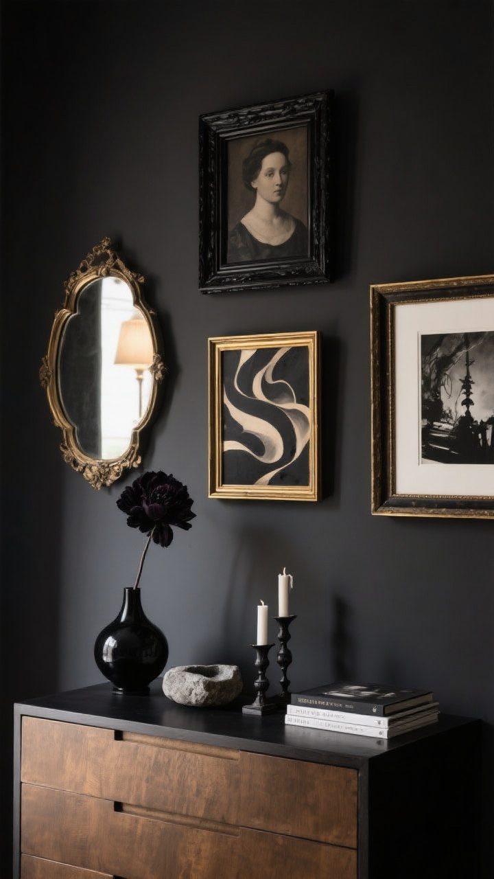Detail wall vignette: A curated gallery moment on a dark wall—romantic and surreal art pieces in deep tones, including a vintage portrait, an abstract print, and a black-and-white photograph. Mixed frames: black wood, antique gold, and slim brass, with deliberate negative space between pieces. An arched antiqued mirror reflecting a soft glow, and a dresser surface styled with a matte black vase holding a single dark bloom, a stone catchall, candleholders with a hint of gothic romance, and a small stack of art books.