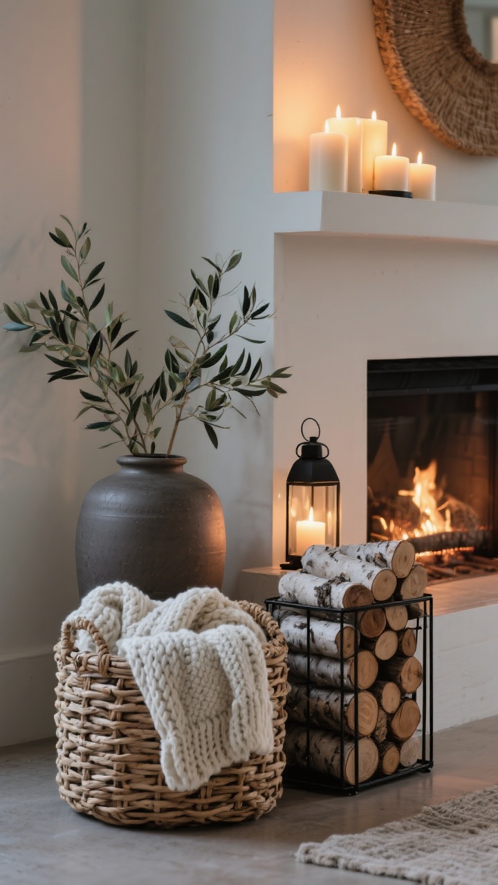 Medium closeup from a slight corner angle focusing on the hearth styled as a mini vignette: woven basket holding chunky knit throws in cream and light gray; a tidy stack of birch logs in a sleek black metal holder; an oversized matte ceramic vessel with faux olive branches for height; one large lantern and a cluster of flameless candles for glow; asymmetrical layout with one side visually heavier; textures emphasized—woven fibers, smooth ceramic, and wood grain; warm ambient evening light.