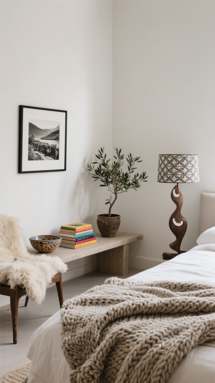 Medium corner shot: Personality layers, edited and cohesive with the room’s palette. A low bench with a small stack of color-coordinated-spine books, a ceramic bowl collected from travel, and a framed black-and-white travel photo on the wall. A potted olive tree brings greenery; on the bed, a chunky knit throw adds cozy texture, and a sheepskin drapes over a nearby chair. A sculptural lamp with a patterned shade serves as the unexpected designer “wink.” Negative space between vignettes keeps the scene calm.