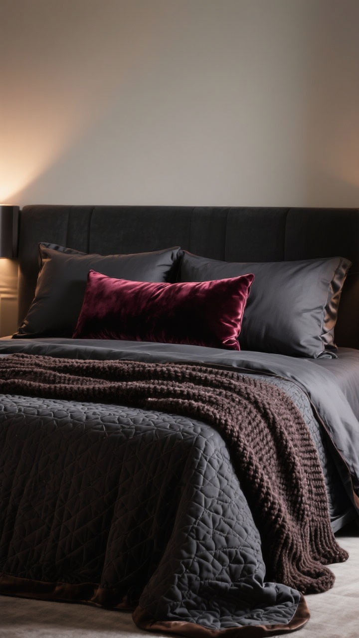Medium shot: A bed styled with luxe, shadowy layers—crisp charcoal sheets as the base, a velvet duvet in oxblood, a satiny sheen from faux-silk accents, and a chunky bouclé knit throw draped at the foot. Include a matelassé coverlet peeking under the duvet for a boutique fold-down moment. Pillow stack: two Euro shams, two standards, one long dramatic lumbar in blackberry/cocoa tones. Soft, warm bedside lighting catches the fabrics’ textures; rich, photorealistic textile details.