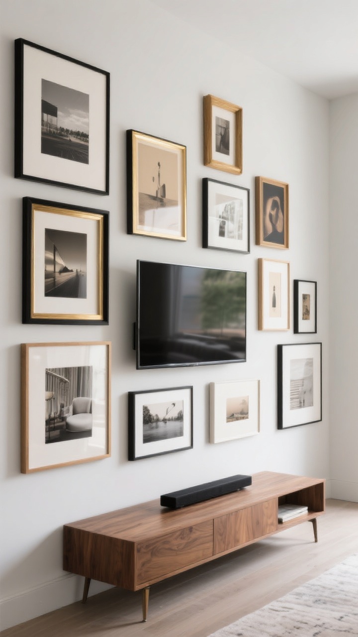 Medium shot: A gallery wall styled around a TV to make it feel like part of the art, with asymmetrical frames in thin black, brass, and natural wood, mixed sizes and cohesive tones; the bottom edges of surrounding frames roughly align with the console to ground the composition; the TV displays coordinating art/saver imagery; balanced, contemporary palette; photorealistic, slight corner perspective.