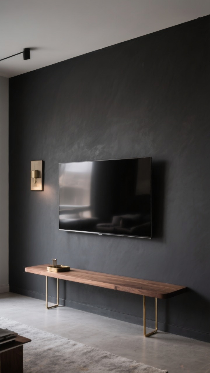 Medium shot: A moody dark accent wall painted matte graphite behind a wall-mounted TV, paired with a slim floating oak console and subtle brass accents; minimal wall decor to let the tone-on-tone color be the star; soft, cinema-like ambient lighting that reduces glare and reflection, photorealistic, slight corner angle.