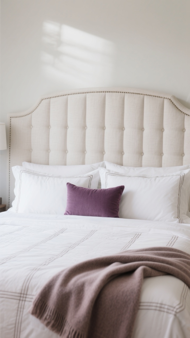 Medium shot: A quiet-luxury bed setup with an upholstered linen headboard featuring subtle channel tufting; crisp white percale sheets, a light quilt, and a duvet folded at the foot for volume; pillow ratio shown precisely—2 sleeping pillows, 2 Euro shams, and one muted plum accent pillow; a cashmere throw draped at the foot; tone-on-tone detailing like thin piping and faint pinstripes; soft, diffused daylight that feels hotel-fresh.