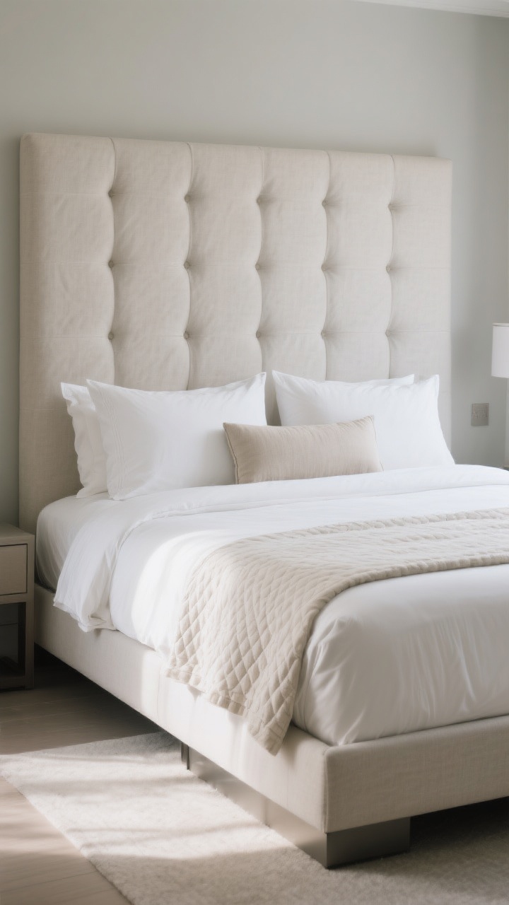 Medium shot from a slight corner angle: A sophisticated bed setup with a tall tufted upholstered headboard in textured linen, dressed in crisp white percale sheets, an airy white duvet, and a light quilt layered beneath for dimension. Pillow arrangement shows two sleeping pillows, two euro shams, and one long lumbar in a coordinating neutral. Include a clean bed skirt concealing under-bed storage, and a sleek platform edge peeking at the foot, with soft morning light for a hotel-like polish.