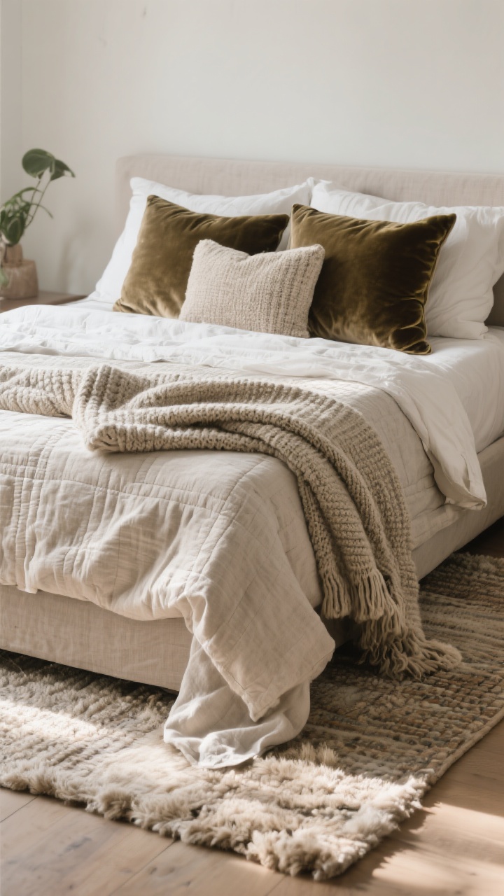 Medium shot from the foot of the bed: a bed layered for touch—washed linen sheets peeking out, a light quilt or coverlet folded mid-bed, and a plush duvet at the foot. Mix textures with velvet throw pillows, chunky knit blanket draped casually, linen shams behind. Under the bed, a soft high-pile or woven rug sized to show around the edges. Emphasize tactile materials: velvet, mohair, faux fur, slubby linen. Soft, natural-late-afternoon lighting, photorealistic.