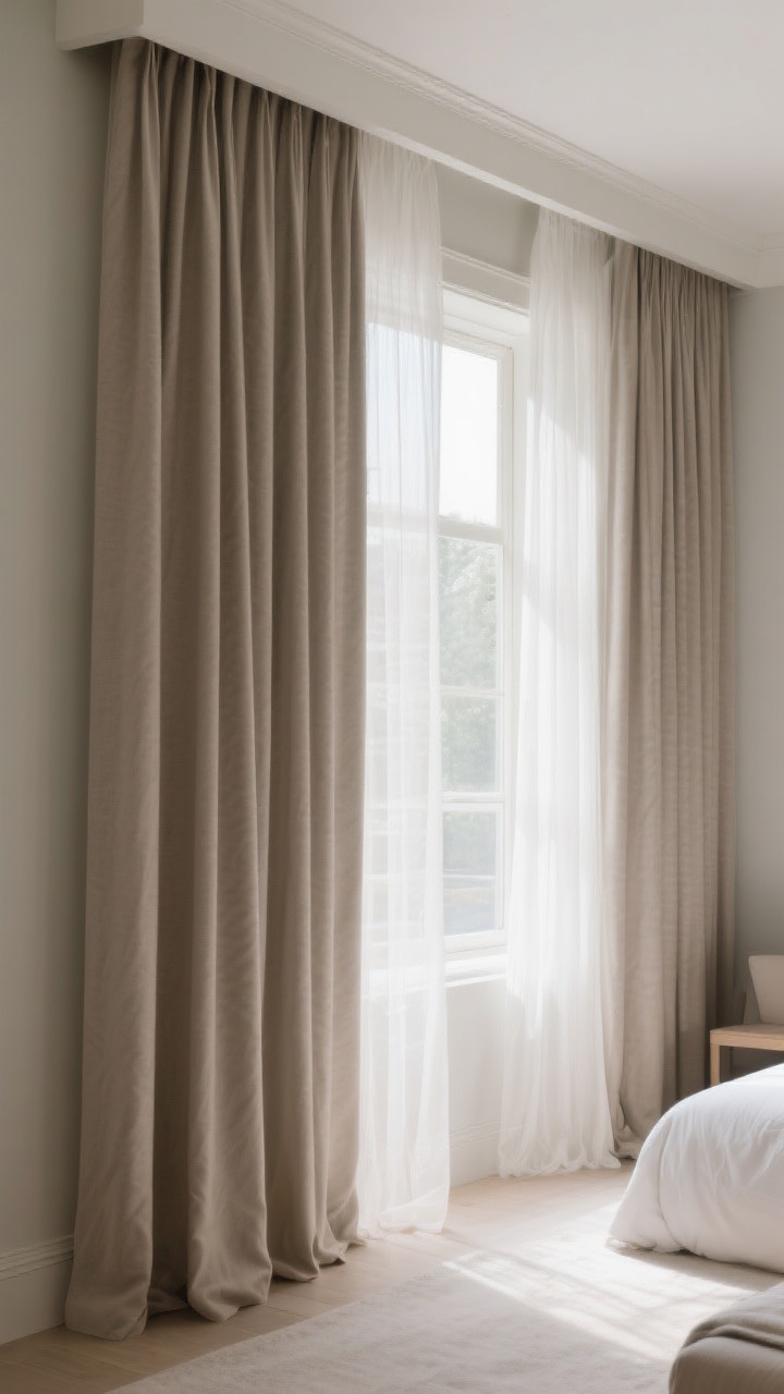Medium shot of luxury window treatments layered for sleep and style: tall, wide-hung blackout curtains in a neutral tone mounted 6–10 inches above the window frame to heighten the ceiling, with airy white sheers underneath softly filtering daylight. Walls in a calm neutral, curtain color harmonizing for a seamless look. Show gentle daytime light passing through sheers, with the blackout panels slightly parted. Straight-on or slight corner angle, photorealistic, no people.