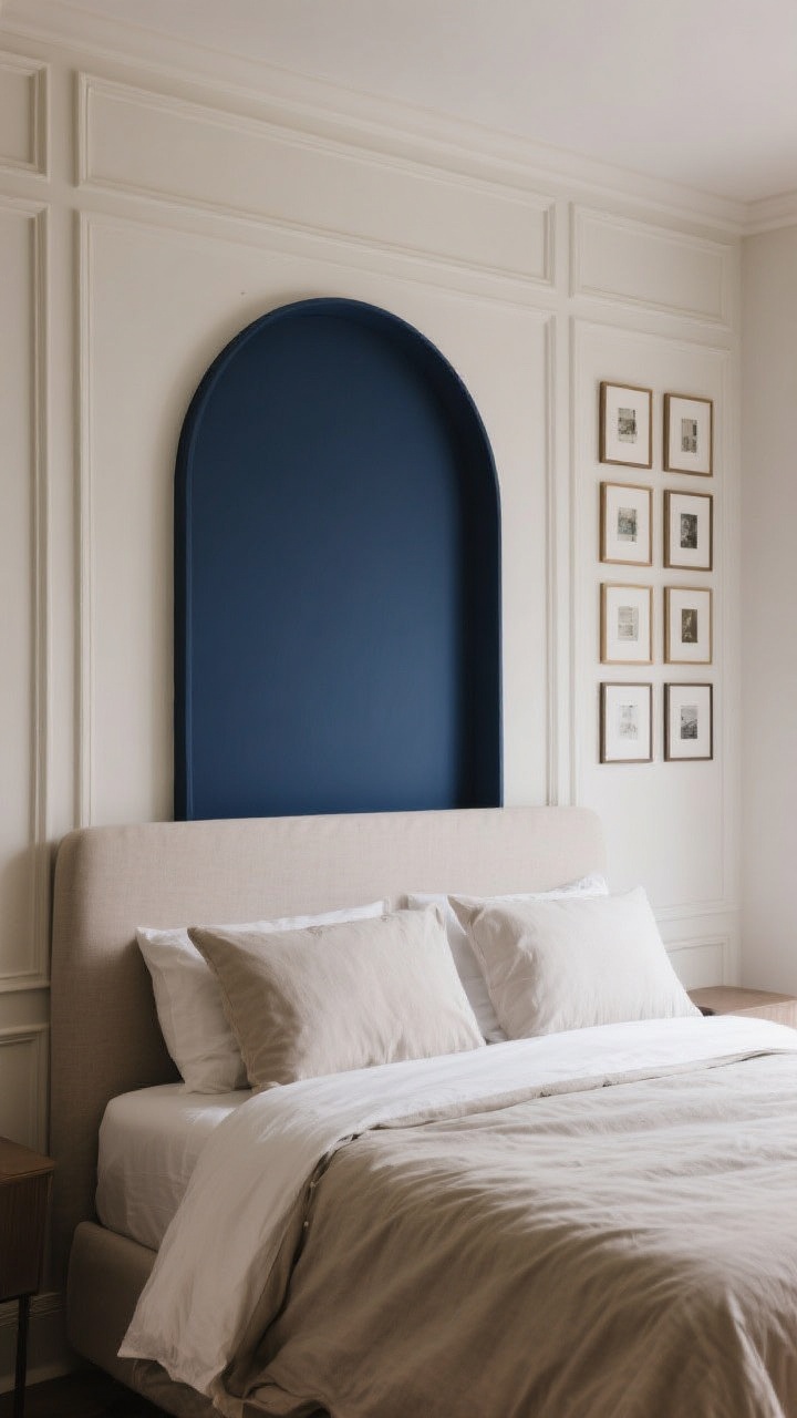 Medium shot of the wall behind the bed: A dramatic painted arch in a deep accent color acting as a color-block headboard. The bed sits centered against it with calm, neutral bedding; elsewhere on the wall, peel-and-stick molding creates picture-frame panels painted in the same hue as the wall for a luxe, tone-on-tone effect. On an adjacent surface, a tidy gallery grid of nine frames hangs perfectly aligned. Soft, even lighting; one bold move per wall keeps the room restful.