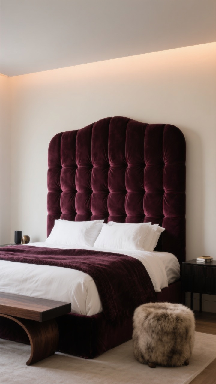 Medium shot, straight-on: A statement bed featuring a tall, upholstered headboard in channel-tufted velvet, color merlot verging on onyx, dominating the wall. Optional variants visible in styling: an adjacent ebonized oak bench at the foot and a petite faux-fur stool for softness. Curved lines introduce femininity; dark materials ground the mood. Minimal accessories so the headboard reads as the room’s crown; gentle, warm ambient lighting to accentuate pile and form.