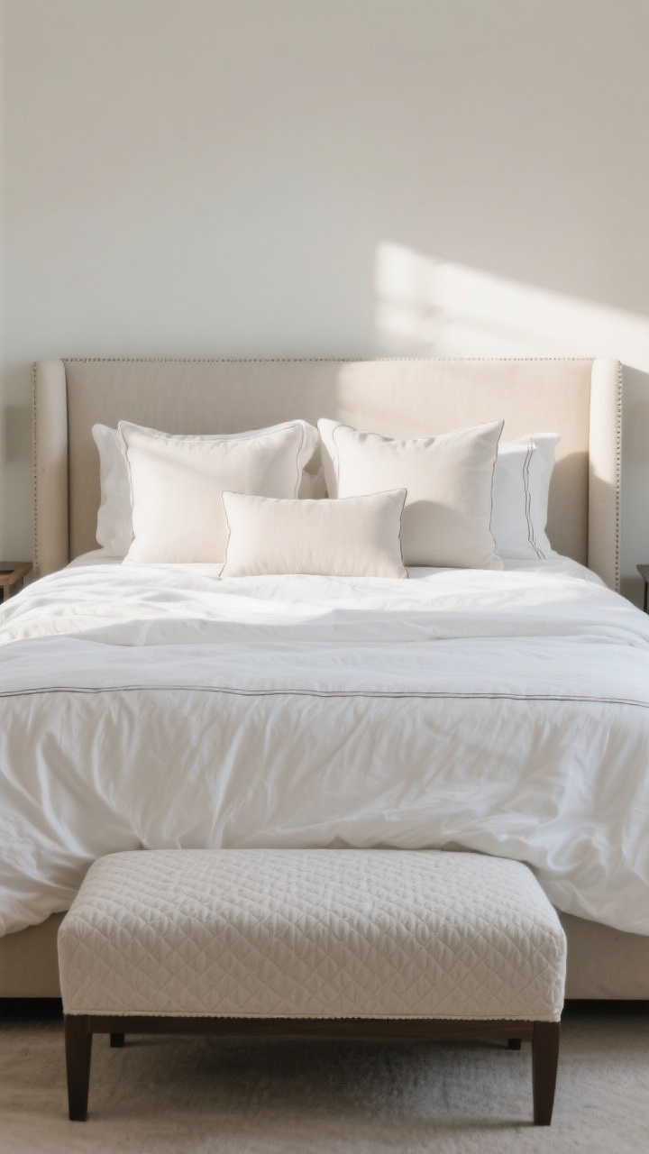 Medium shot, straight-on: The bed as the focal point with a sleep-friendly, magazine-worthy build. Crisp percale sheets, an oversized duvet in a textured cover with piped edges draping generously, and a lightweight matelassé quilt neatly folded at the foot. Pillow arrangement: two sleeping pillows, two tall euro pillows for height, and one long lumbar up front. An upholstered headboard softens the scene; gentle afternoon light and a steamed, wrinkle-free duvet give a polished, inviting look.