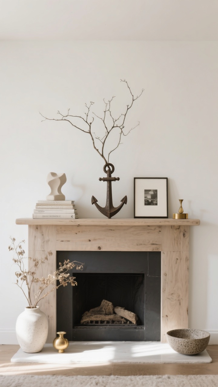 Medium, straight-on composition of a professionally balanced mantel with a loose triangular arrangement: tall off-center anchor—a ceramic vase with airy branches—paired with supporting elements like stacked linen-bound books, a small abstract sculpture, and a single framed photo; organic touch via dried stems and a textured bowl; shine factor from a small brass object catching light; palette kept tight in warm white, natural wood, soft charcoal, and brass; step-back view showing balanced asymmetry and edited simplicity; soft natural daylight.