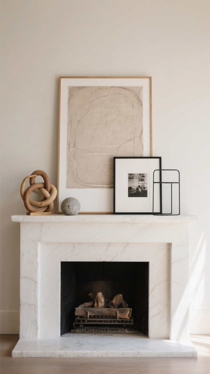 Medium, straight-on view of a fireplace mantel styled with layered art like a gallery: a large neutral-toned art print leaning as the anchor, partially overlapped by a smaller framed photo and a thin black metal frame; mix of wood, brass, and black metal frames; tight palette of black, warm white, and soft taupe; include a sculptural object such as a ceramic knot and a small stone sphere forming an odd-number trio; soft natural daylight, matte wall backdrop, minimal clutter, photorealistic texture on frames and canvas.