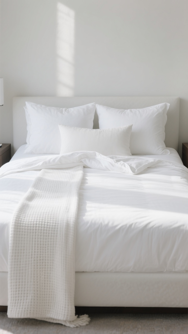 Medium, straight-on view of a hotel-style bed dressed entirely in white: crisp 100% cotton percale sheets (300–600 thread count), a lofty medium-weight down-alternative duvet folded back in a classic “duvet fold” (top third turned over revealing smooth sheets), a 2–3" plush mattress topper creating a cloud-like profile, and three layers of pillows arranged symmetrically—four standard sleeping pillows, two white Euro shams, and one long lumbar pillow. Add a white waffle-texture blanket neatly draped at the foot. Clean lines, no clutter, soft morning light for a calm, luxe mood.