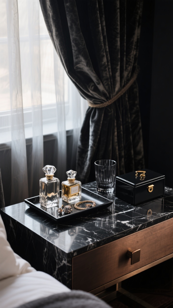 Overhead detail shot: A nightstand styled with sensual finishes—a honed black marble tray holding faceted crystal perfume bottles and jewelry, smoked glass tumbler, and a lacquered box. Hardware in blackened brass/oil-rubbed bronze on the drawer. In the background, layered window treatments: sheer voile panels paired with heavy blackout velvet drapes, slightly parted to show texture contrast. The palette is dark and luxe, with gentle light catching the metals and stone.