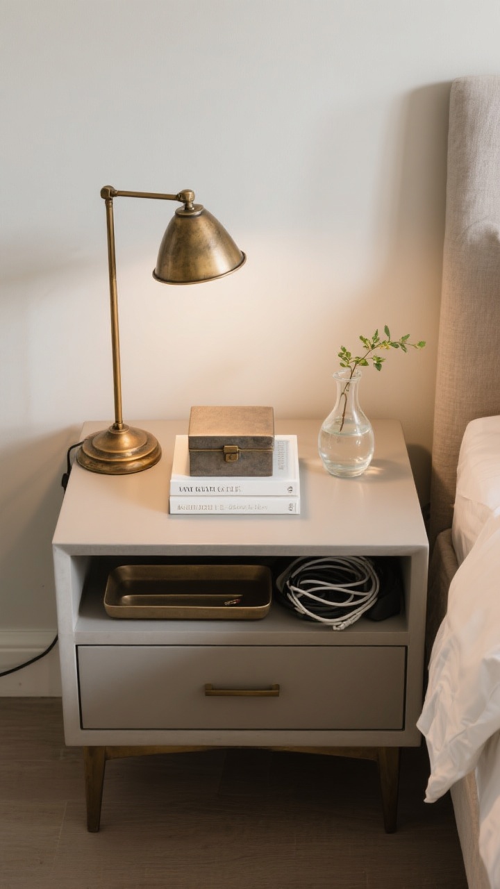 Overhead detail shot: A well-edited nightstand at mattress height, 24 inches wide, styled with intention—an aged brass lamp, a single hardcover book, a small water carafe with glass, and a tiny bud vase with a fresh sprig. A lidded box and slim tray discreetly corral cords and essentials. Matching lamp style suggests symmetry, with soft, warm ambient light and no visible clutter; drawer front visible to imply hidden storage.