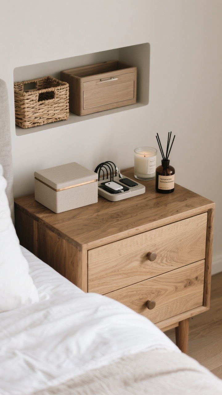 Overhead detail shot: An organized dresser top following the “3–5 items” rule—lidded box, small charging tray with cord organizers, and a candle for signature scent; nearby shelf cubby with baskets and a closed drawer tray peeking in; scent focus on a diffuser labeled sandalwood/bergamot/cedar; crisp, clean bedding edges seen in frame; mood of calm order, photorealistic textures of wood grain and linen.