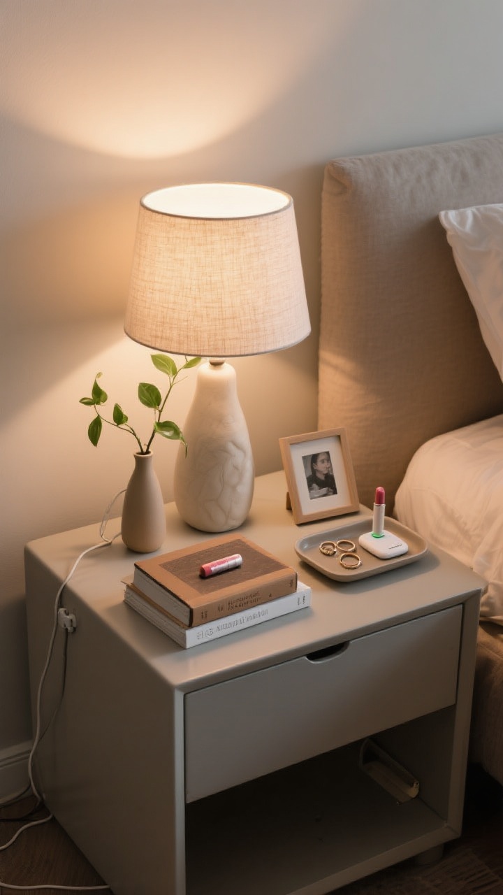 Overhead detail shot of a styled nightstand: a dimmable lamp with a soft fabric shade (overall height visually balanced next to bed), a petite vase with a single stem or a small trailing pothos leaf visible, one personal object (small framed photo or little sculpture), a shallow tray corralling lip balm, rings, and a discreet wireless charger. A tidy stack of 1–3 beautiful book spines. Cords hidden; calm surface, no clutter. Warm bedside lighting, photorealistic.
