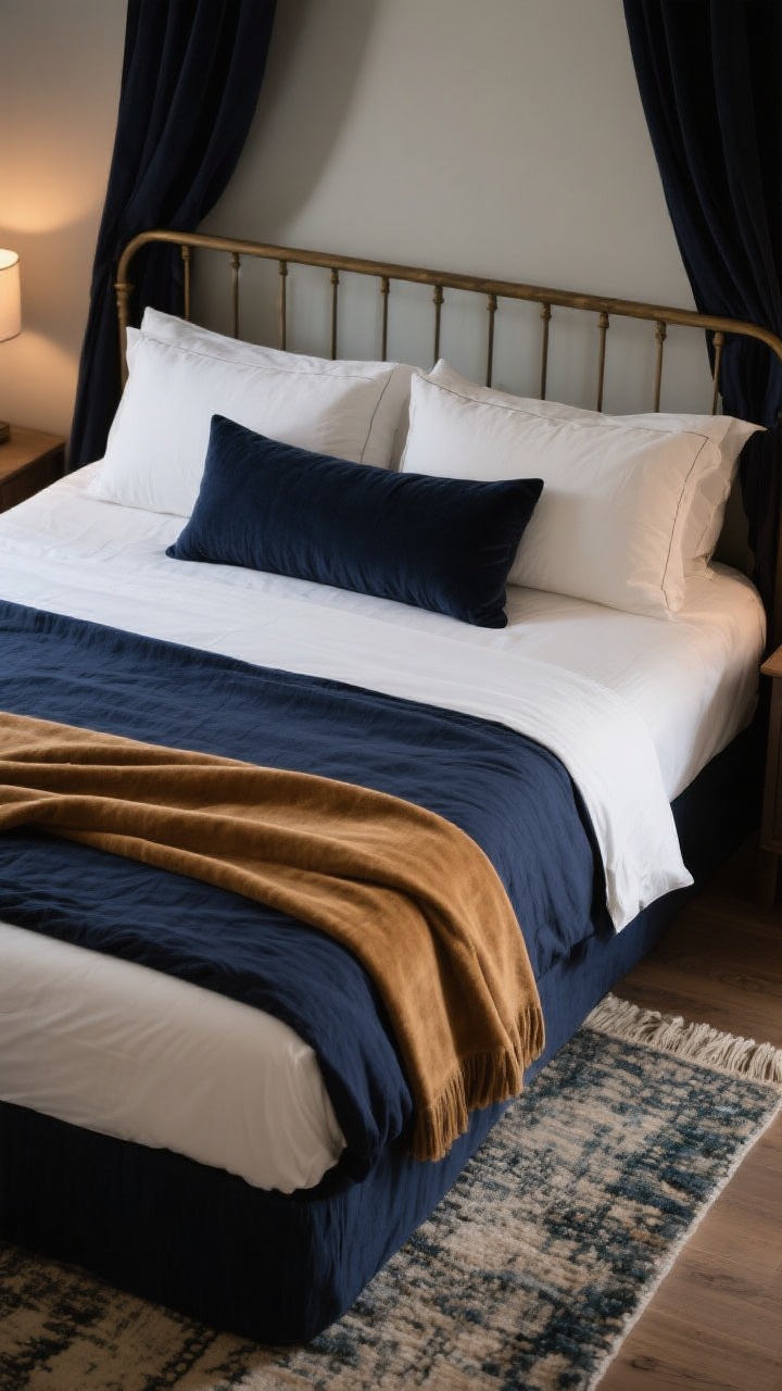Overhead detail shot of the bed styling: Crisp percale sheets in ivory peeking from under a deep navy linen duvet, topped with a warm camel velvet throw folded at the foot. Pillow arrangement: two euro shams, two standard pillows, and a single long lumbar in a coordinating dark tone. Hint of a half-canopy rod above the headboard with dark fabric drop panels entering frame. Thick rug edge visible beneath the bed to suggest a higher bed profile. Soft, cozy evening light.