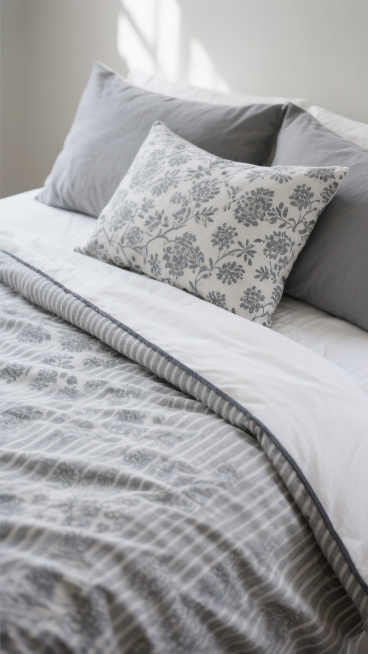 Photorealistic closeup detail of patterned grey bedding: a hero duvet in grey ticking stripe (or soft botanical block print) as the main moment, paired with solid grey shams and white sheets peeking underneath; small-scale pattern or solid pillows balancing a larger pattern on the duvet; a darker grey contrast border/piping along the duvet edge for polish; neutral background to keep focus on pattern scale; soft natural window light revealing the fabric’s weave and precise stripe alignment; tight framing to emphasize pattern interplay.