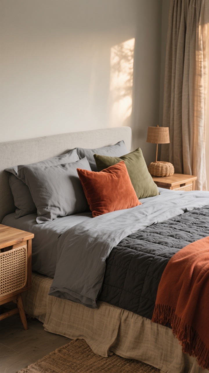 Photorealistic medium shot blending grey bedding with earthy accents: grey duvet layered with combinations like a rust velvet lumbar pillow and a terracotta throw; light grey sheets paired with olive shams and a natural flax linen bedskirt; or a charcoal quilt with sand-toned pillows; natural textures in the room including wood nightstands, rattan accent pieces, and linen curtains; warm, late-afternoon light enriching clay, rust, olive, and sand hues; shot from a corner angle to capture layered color combos and organic materials.
