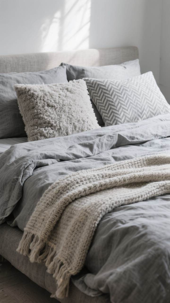 Photorealistic medium shot focused on cozy textured neutrals in a grey palette: mid-grey washed linen duvet with relaxed folds; a chunky knit throw in light grey/oatmeal cascading over the corner; one boucle/sherpa pillow and one herringbone mini-check sham in soft grey for visual interest; layered textiles stacked on the bed to showcase depth without clutter; soft, diffused afternoon light raking across fabrics to emphasize weave and pile; shot from a low angle at the bedside to highlight texture dimension.