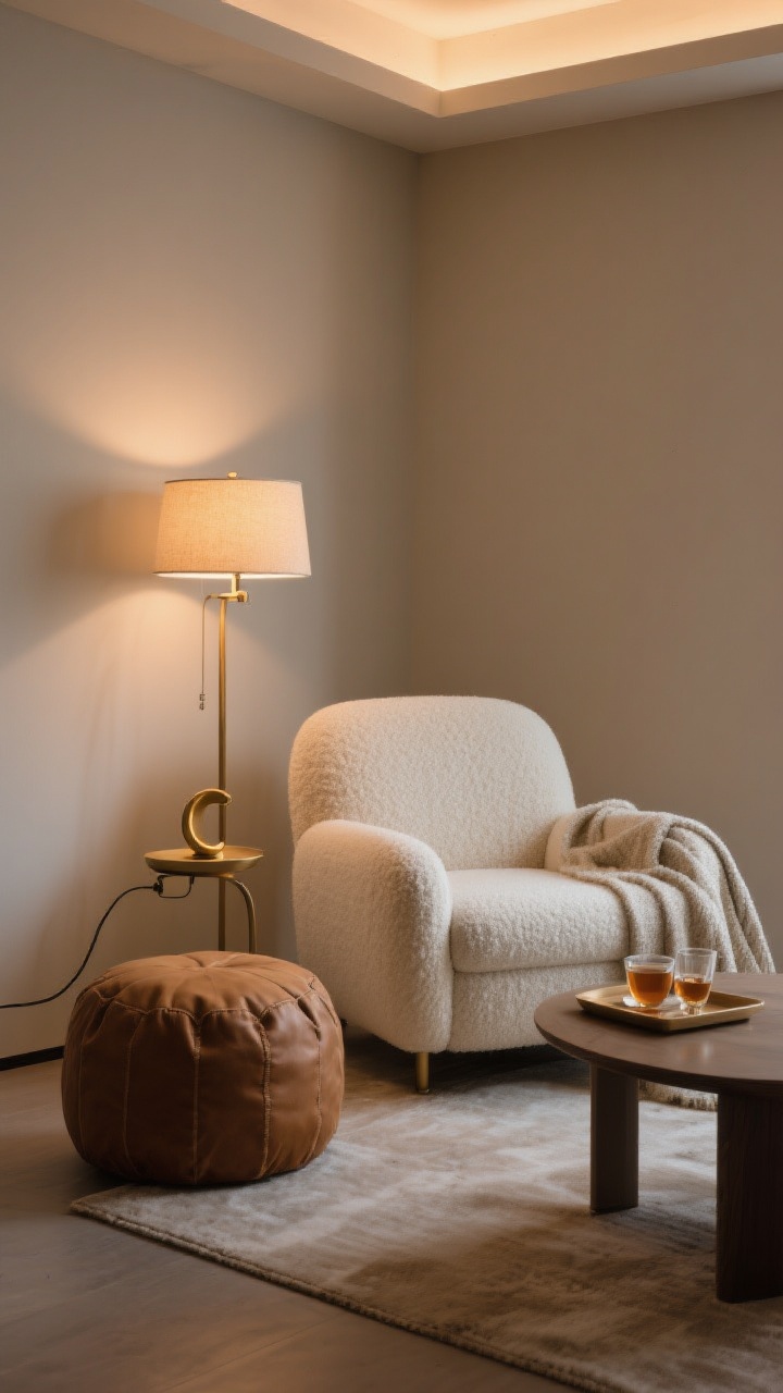 Photorealistic medium shot of a minimalist chair-and-lamp sanctuary: a deep-seat armchair with rounded arms upholstered in ivory bouclé, paired with a small camel leather pouf; a warm soft-glow floor lamp at eye level with a smart bulb set to warm 2700K, plus a slim swivel reading arm; a C-shaped side table sliding under the chair holding a tray with tea and glasses; neutral palette with brass lamp accents and a subtle chenille throw; evening mood lighting, no overhead lights; straight-on framing to avoid “chair in a corner” feel, showing intimacy without clutter.