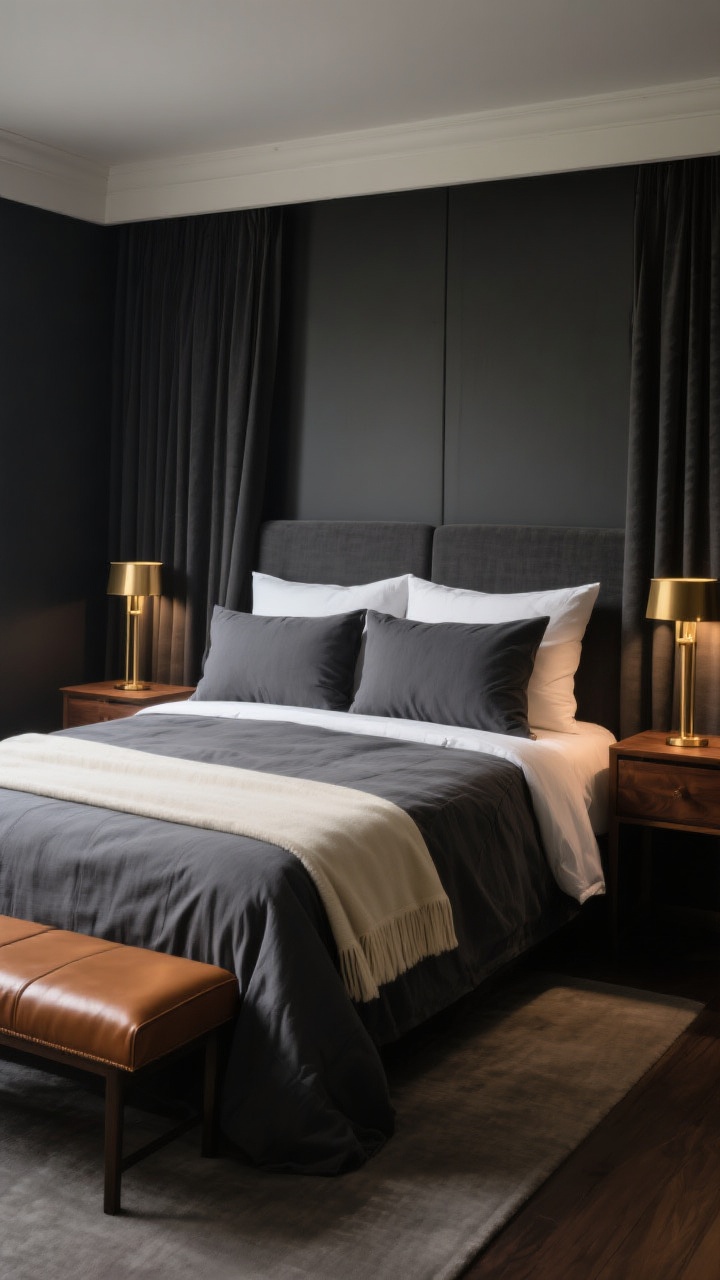 Photorealistic medium shot of a moody, hotel-chic bedroom featuring charcoal grey bedding in washed linen with a relaxed, luxe drape; brass bedside lamps on walnut nightstands; a caramel leather bench at the foot of the bed; ivory pillowcases layered over charcoal shams and a cream throw softening the dark palette; clean, tailored lines with minimal decor; warm ambient lighting creating subtle sheen on sateen textures; no people, shot from a corner angle to emphasize depth and warmth.